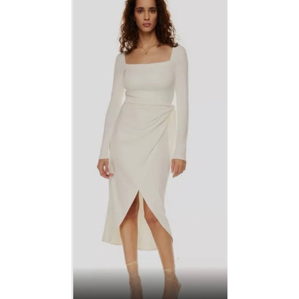 Aritzia Wilfred Cream Long Sleeve Square Neck Ruched Wrap Midi Dress‎ XL